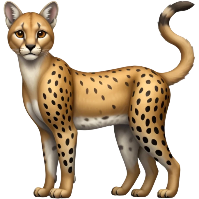 Realistic patterned marked edgy greyish blackish whitish silvery Shiny Colorful Glossy Cougar-Cheetah-Caracal-Lioness-Bobcat-fusion-animal-hybrid-creature, full body, tufted ears, long thin tufted tail emoji