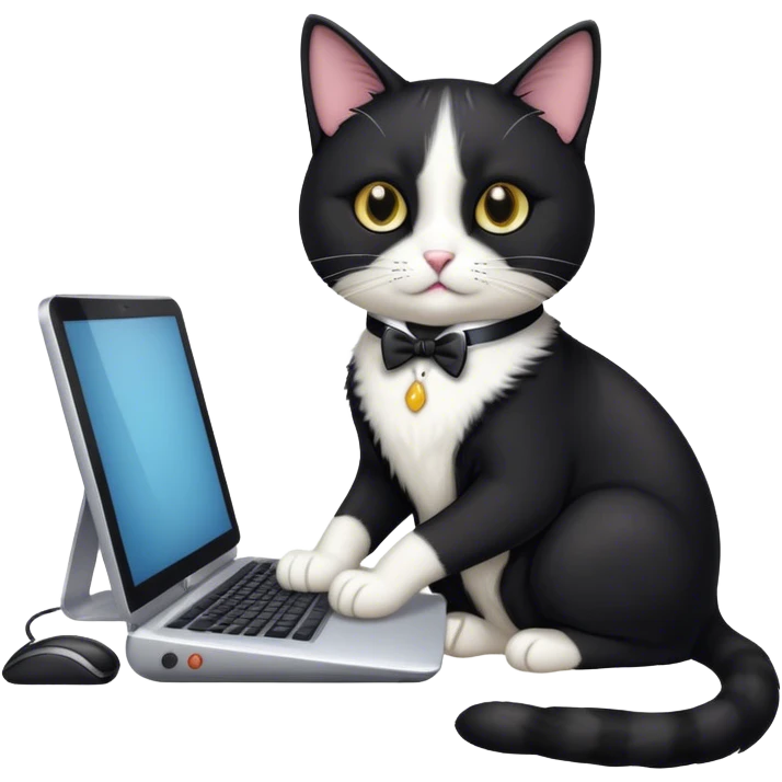 a tuxedo cat work on a computer emoji