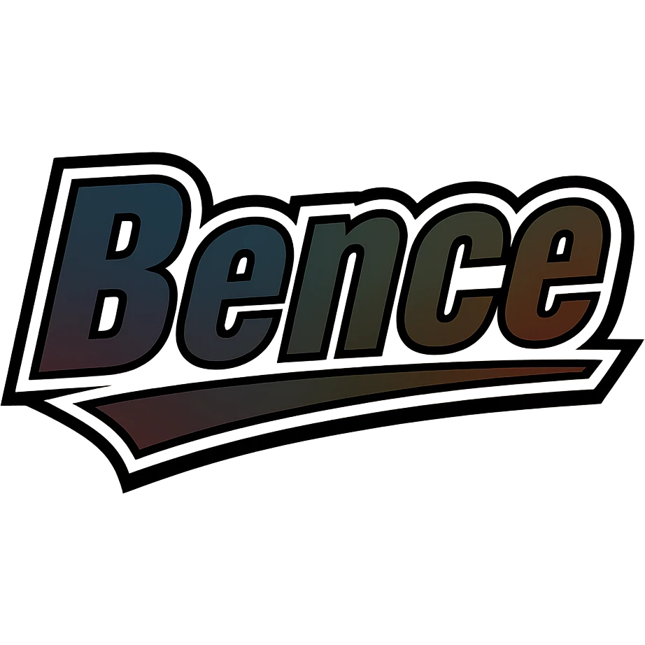 Bence name in masculine, modern gradient font with precise Hungarian characters, dark contour, extra wide and prominent white letter frame as in reference images, dynamic slanted underline, masculine color shades (blue, gray, burgundy, green, brown), 1000x1000 px, PNG, transparent background emoji