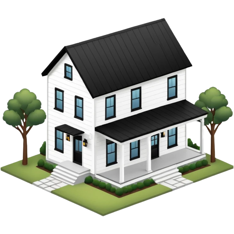 modern farmhouse with white siding and black trim, 3d isometric emoji