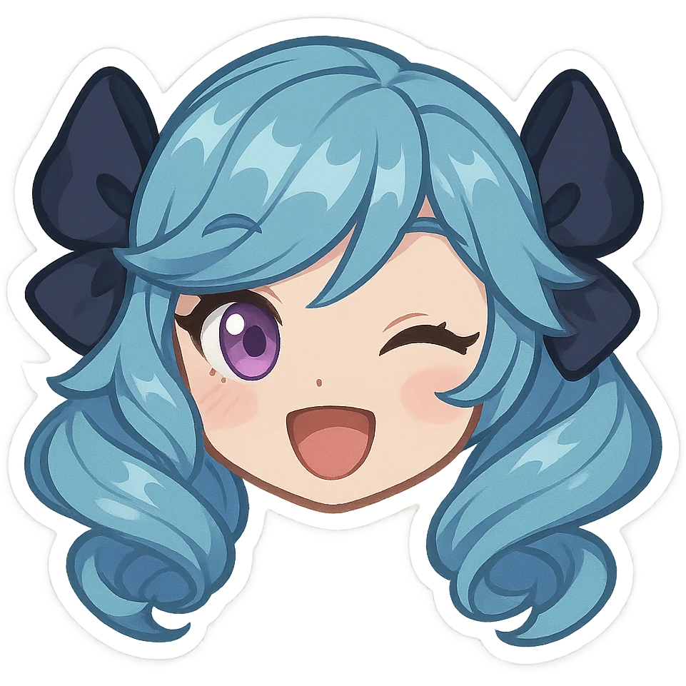 Gwen from League of Legends, happy expression, head only, right eye is purple, chibi style, open mouth smile emoji