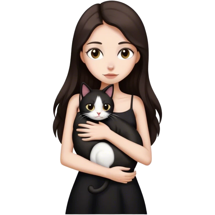 Beautiful skinny woman long dark brown hair in dark dress hug black and white cat emoji emoji