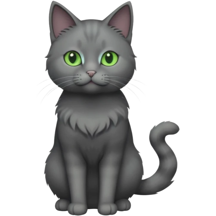 full body view of beautiful female solid dark grey cat with green eyes, grey face, white toes/paws and small white patch on her chest emoji