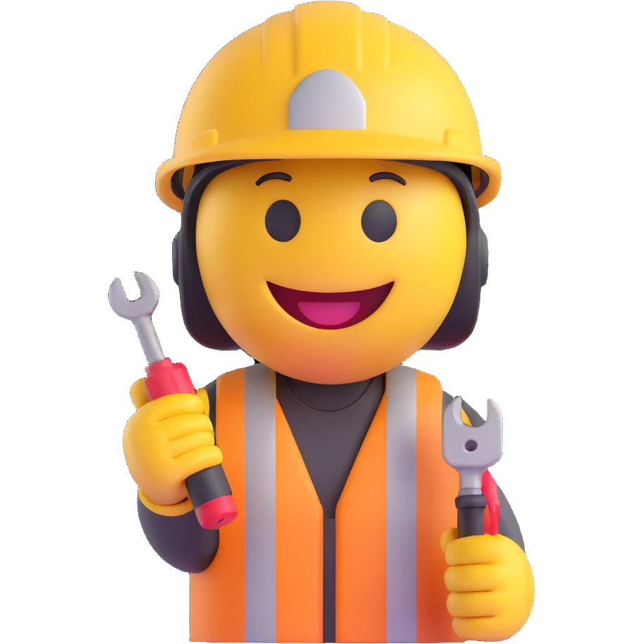 3D smiley emoji, circular shape, electrician with protective helmet and screwdriver, smiling face emoji