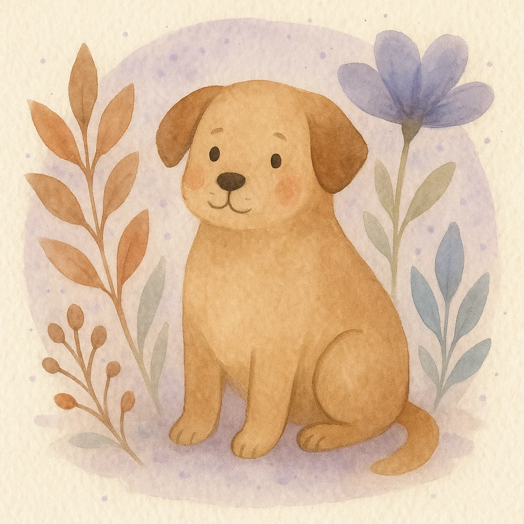<systemPrompt>
  <style name="Watercolor Botanical Illustration">
    <medium>Watercolor</medium>
    <texture>
      <paper>Soft cotton texture, subtle grain</paper>
      <wash>Transparent color washes with visible layering</wash>
    </texture>
    <palette>
      <primary>Muted earth tones (browns, reds)</primary>
      <accent>Pastel purples and blues</accent>
      <background>Faded lavender wash with scattered dots</background>
    </palette>
    <details>
      <linework>Minimal, soft edges, no outlines</linework>
      <shading>Natural blending, subtle tonal gradients</shading>
      <features>
        <botanical>Organic shapes, abstract leaf and petal structures</botanical>
        <animal>Round forms, friendly expressions, simplified anatomy</animal>
      </features>
    </details>
    <composition>
      <focus>Centered subject</focus>
      <background>Soft circular watercolor wash</background>
      <spacing>Balanced with gentle whitespace</spacing>
    </composition>
    <atmosphere>Whimsical, serene, hand-painted</atmosphere>
  </style>
  <instructions>
    Use this style for all elements in the image. Ensure the soft watercolor texture is preserved across both the subject and background. Emphasize organic, natural forms with minimal sharp detail.
  </instructions>
</systemPrompt>

{subject} = dog emoji
