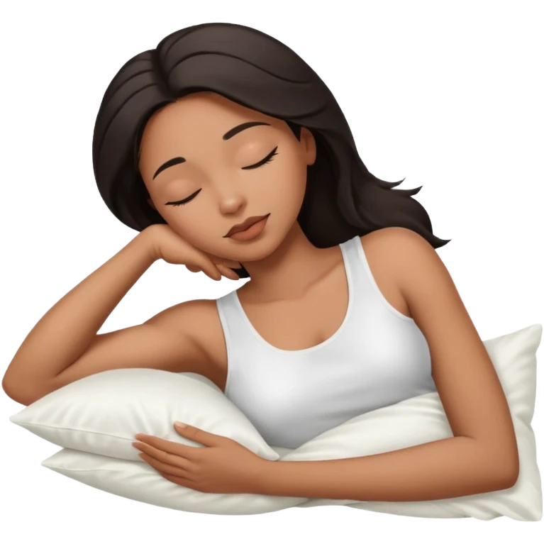 beauty african american woman, shoulder length dark hair,  sleeping laying on her side with a white silk pillow, she is wearing a white tank top emoji