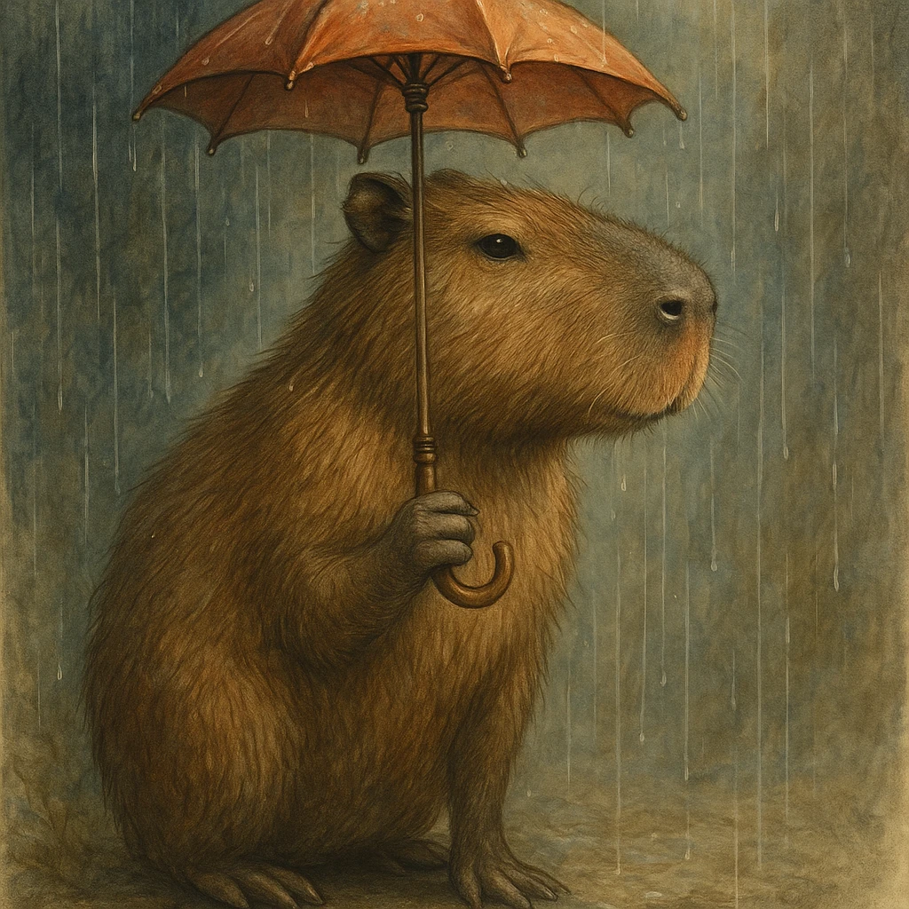 capybara holding a tiny umbrella in the rain, style 1, detailed, artistic emoji
