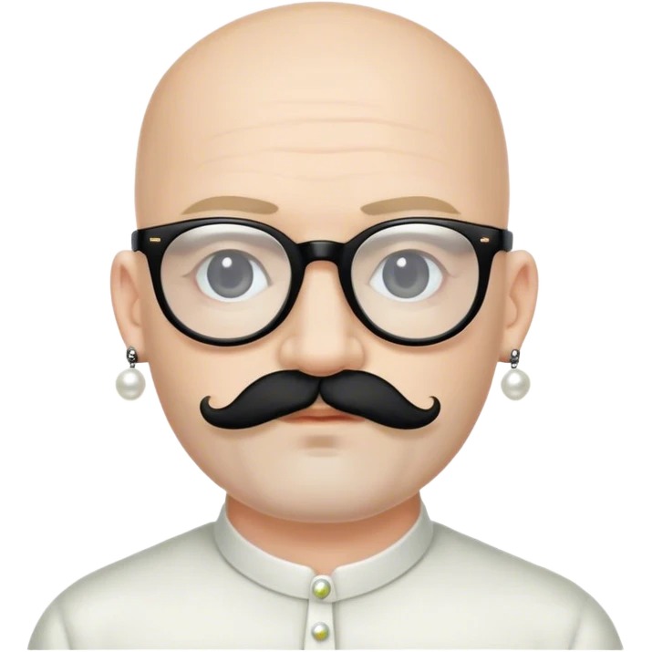 Bald man with pale skin wearing black glasses and pearl earrings with a small black mustache and a thin black beard  emoji