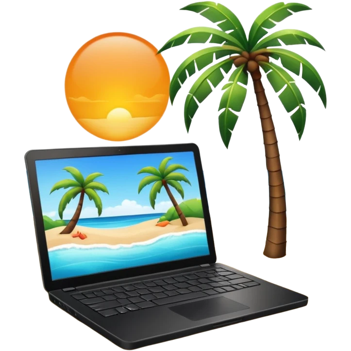 An open laptop in the foreground on the beach. Background shows sea, sun, and a palm tree. No people, no text emoji