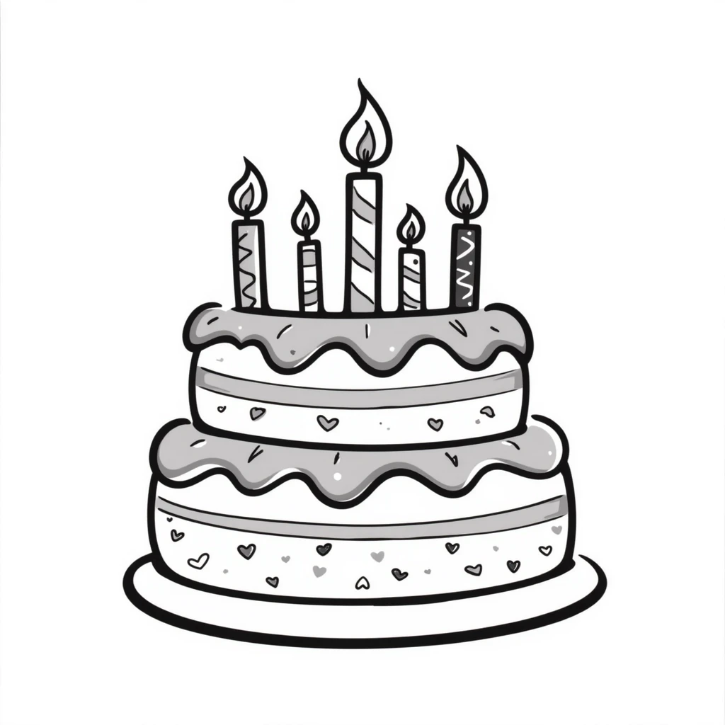 A decorated birthday cake with layers and frosting in pastel colors (dd9fb0, ffc6d3, a3bfc9, c4bee2, f1b091), hand-drawn doodle style emoji