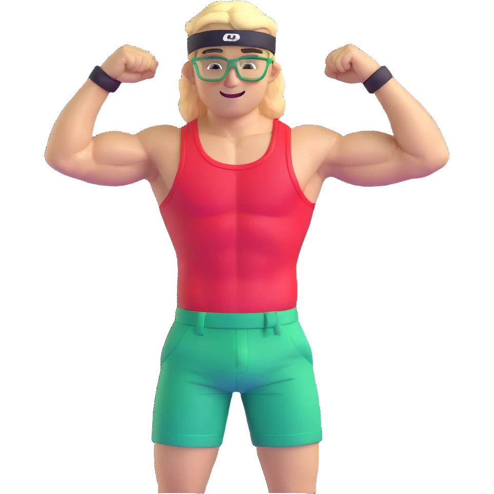 Man with black and white cap, bare muscular torso, red shorts, clear glasses, messy light blond mullet hairstyle, flexing and smiling emoji