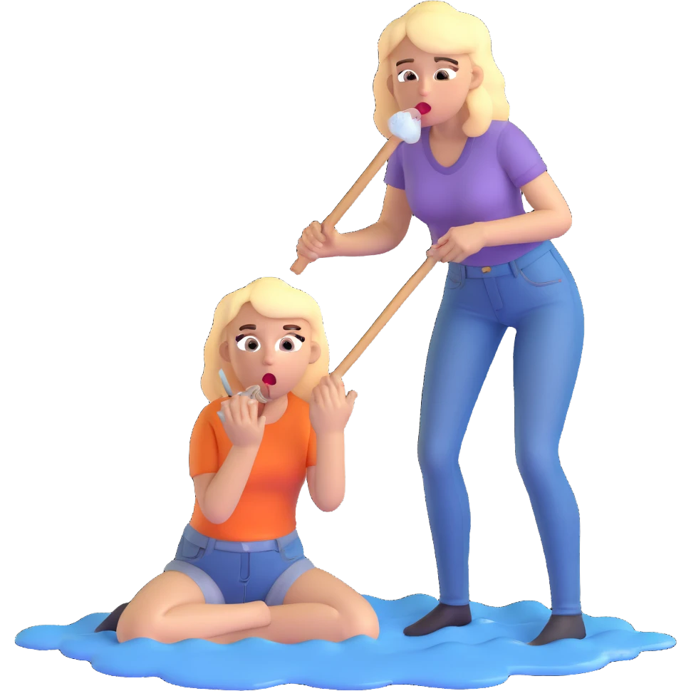 blond woman sitting on her knees with wide eyes, another man in jeans is staying (not sitting) on her left, she's holding a wide skin-colored stick with a D-shaped knob, the stick and the nob have skin texture, water squirting from the knob into her mouth, shocked face emoji