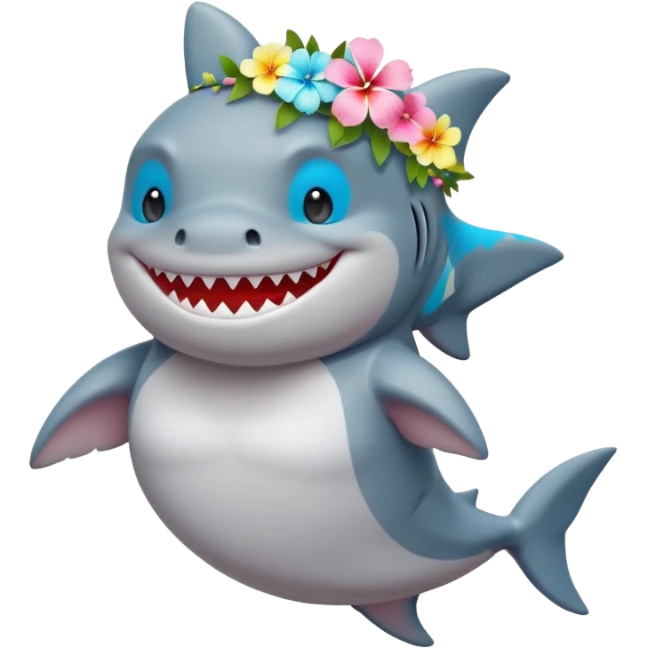 A cute chubby shark with hawaii pastel flower necklace and hawaiian flower crown, posing proudly. emoji
