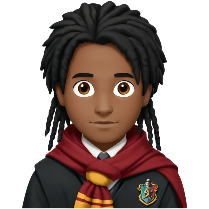 Luke Youngblood is Lee Jordan in harry potter, wear hogwarts uniform, dreadlocks black  hair, black skin,  gryfindor scarf around neck emoji