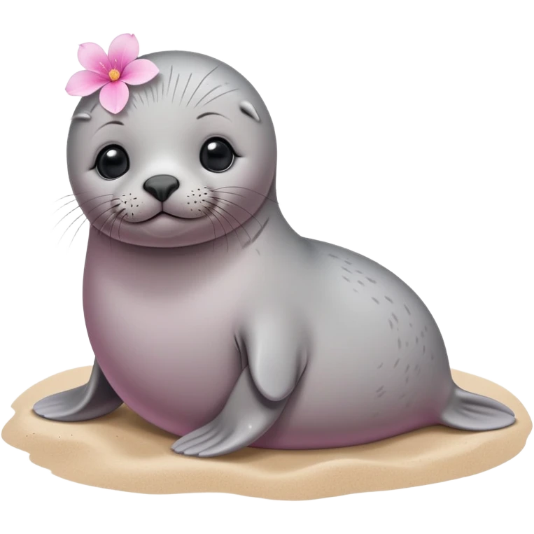 A small, slim baby seal resting gracefully on a sandy beach, with a delicate pink flower placed on its head.  Grey color emoji