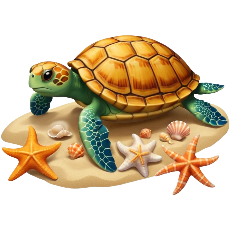 turtle, starfish, and shells together with a beach background emoji