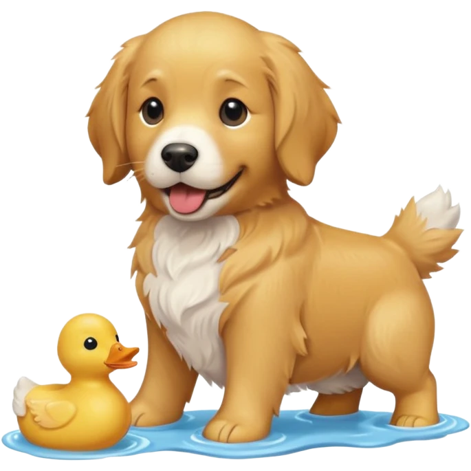 Golden retriever dog with a toy duck emoji