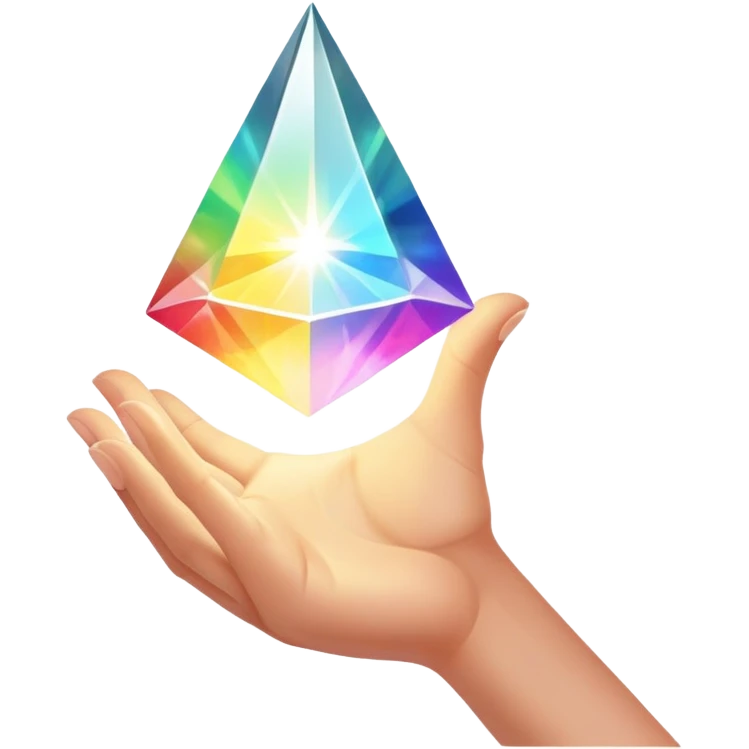 Pov white tone skin hand holding a glowing prism refracting light.  Only the hand should be displayed, nothing else.  emoji