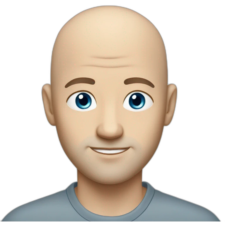 thin bald guy in casual clothes with grey-blue eyes broadcasting emoji
