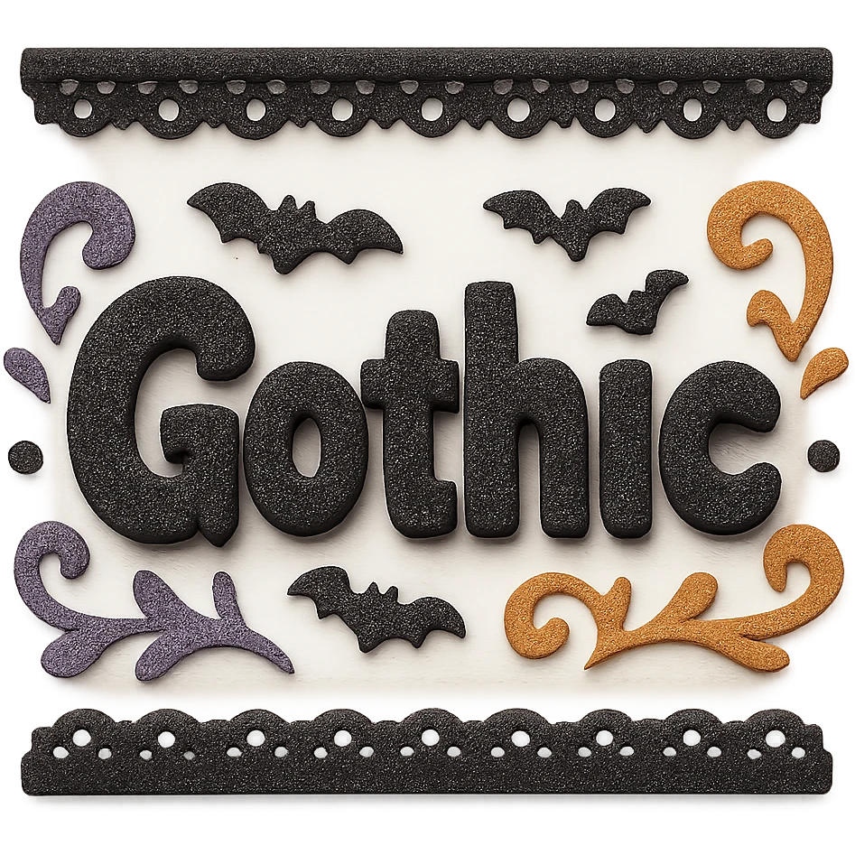 Add gothic motifs such as black lace, tiny bats, and ornate flourishes around the sparkling black text, keep the 3D paper-craft effect, kawaii style, no outline, transparent background. emoji