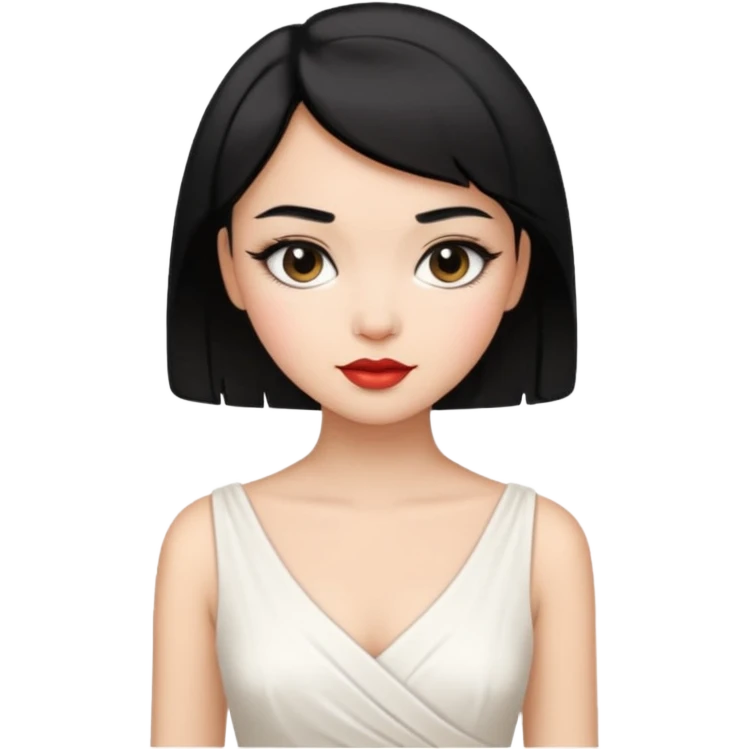 a short black hair girl with elegant white dress, wearing makeup emoji