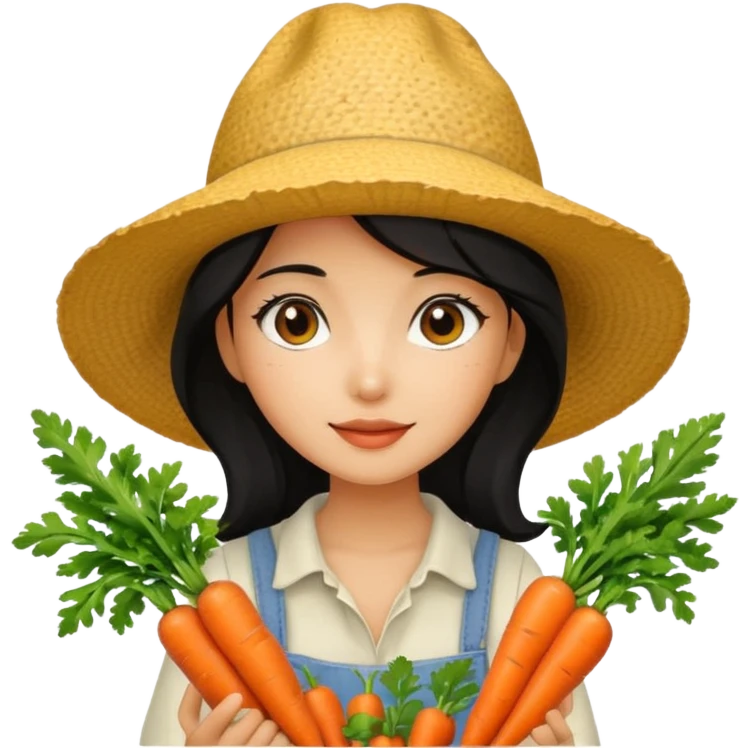 girl with black hair and a sunhat holding carrots emoji