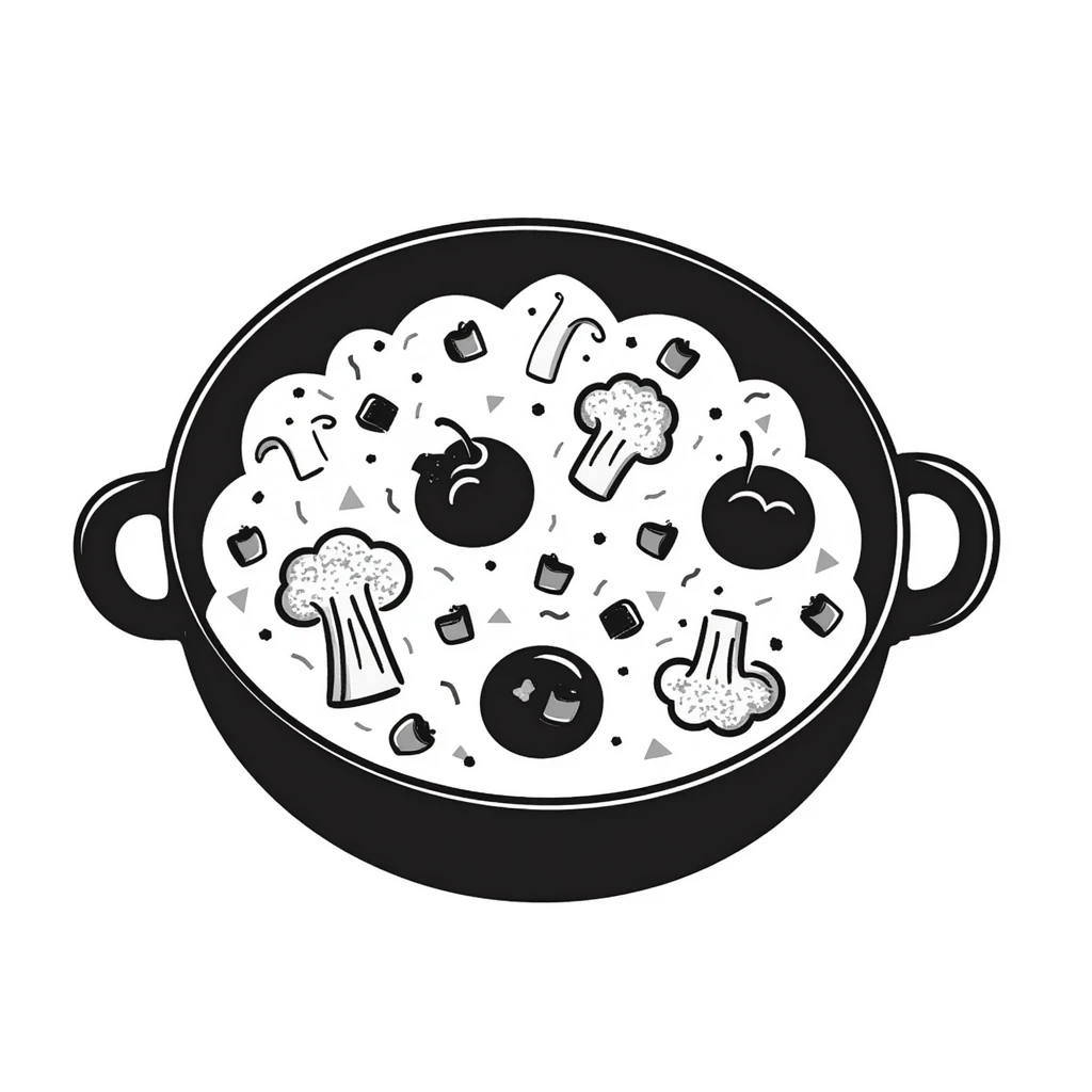 cheesy ground beef and cauliflower casserole with jalapeno and red capsicum in a skillet pan, hand drawn style, visible cheese and vegetables emoji