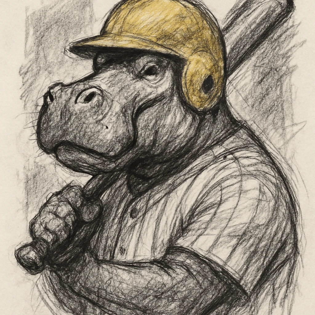 hippo holding a baseball bat, wearing a yellow helmet, pinstripes outfit emoji