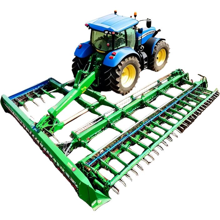 Bourgault 3420 Paralink Hoe Drill (2022) – Cinematic-realistic John Deere 6155M tractor hauling a Bourgault 3420 Paralink Hoe Drill, its powerful green frame pulling the vast blue seeder across endless fields. The machine plants seeds with pinpoint accuracy, leaving precise rows in the rich brown soil,  emoji
