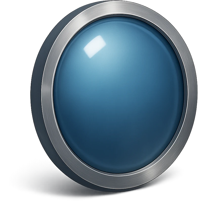 shield with round shape, very reflective deep blue glass center, metallic border, no symbols, no sword, same perspective and style as reference, no background emoji