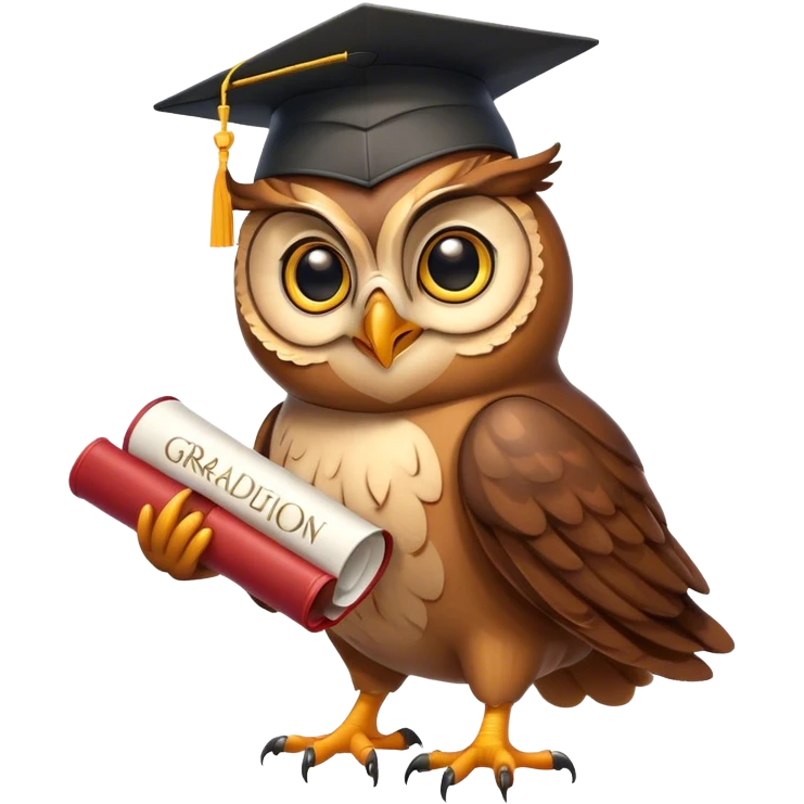 Owl smiling with graduation hat and diploma in claws emoji