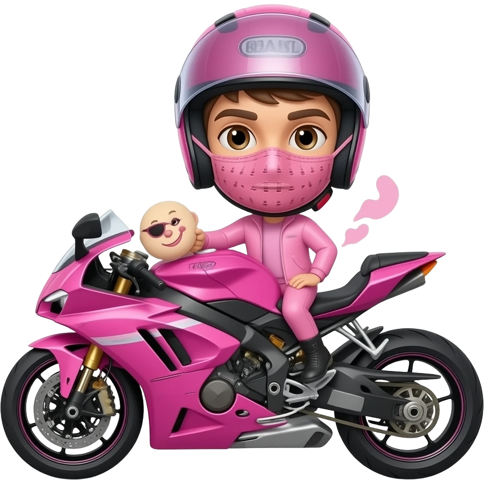 sexy boy with a motorcycle helmet in pink clothes and a pink motorcycle wearing a pink mask holding a SMILE BEAST emoji