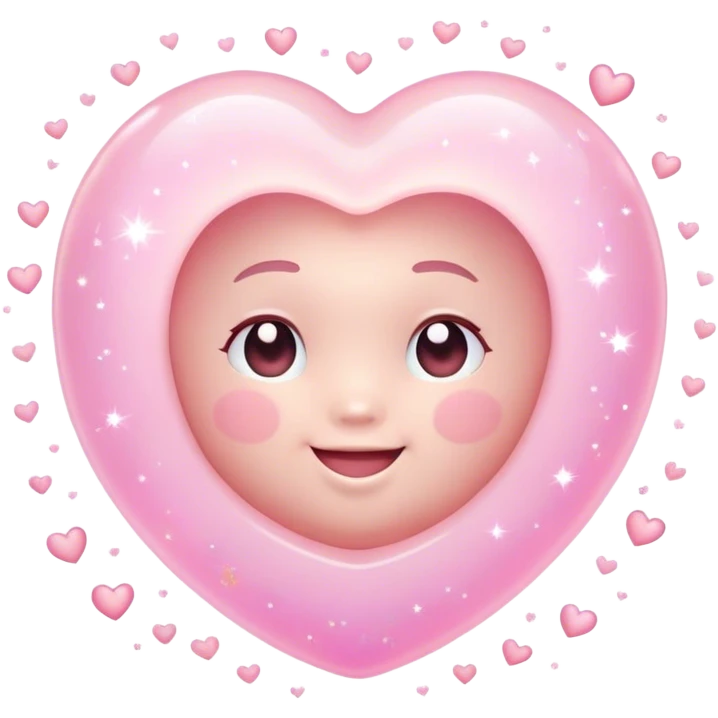 Cinematic floating soft heart, chubby round edges, pastel pink glow, tiny smiling face, surrounded by dreamy sparkles, gentle and loving. emoji