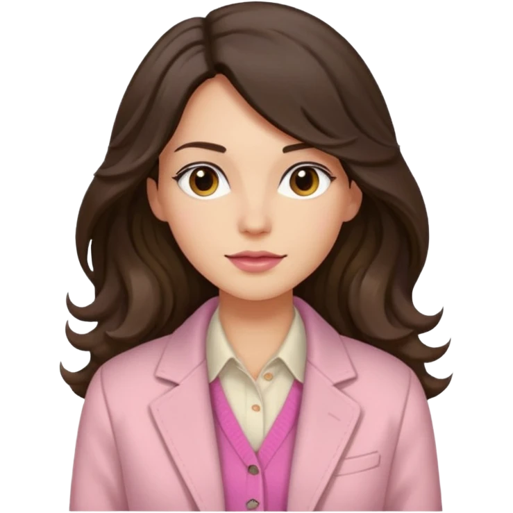 Portrait of woman with dark long wavy hair in white shirt, pink sweater and beige jacket emoji