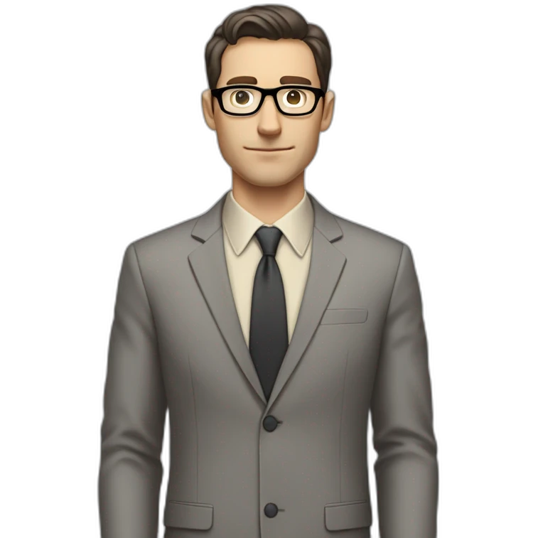Full height Pale skinned Fit Man With dark brown hair in classic gray suit, beige office shirt, dark gray tie, and vintage glasses. His hands lock emoji