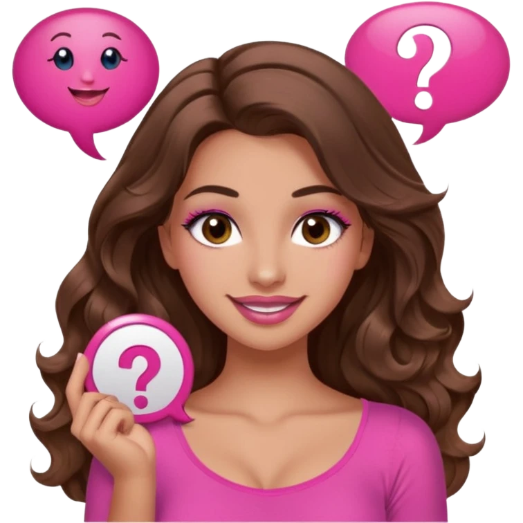 girl with long wavy brown hair, brown eyes, long lashes makeup, sexy pink lips, light to medium complexion, wearing a pink sexy top, shugging, smiling, question mark one speech bubble emoji
