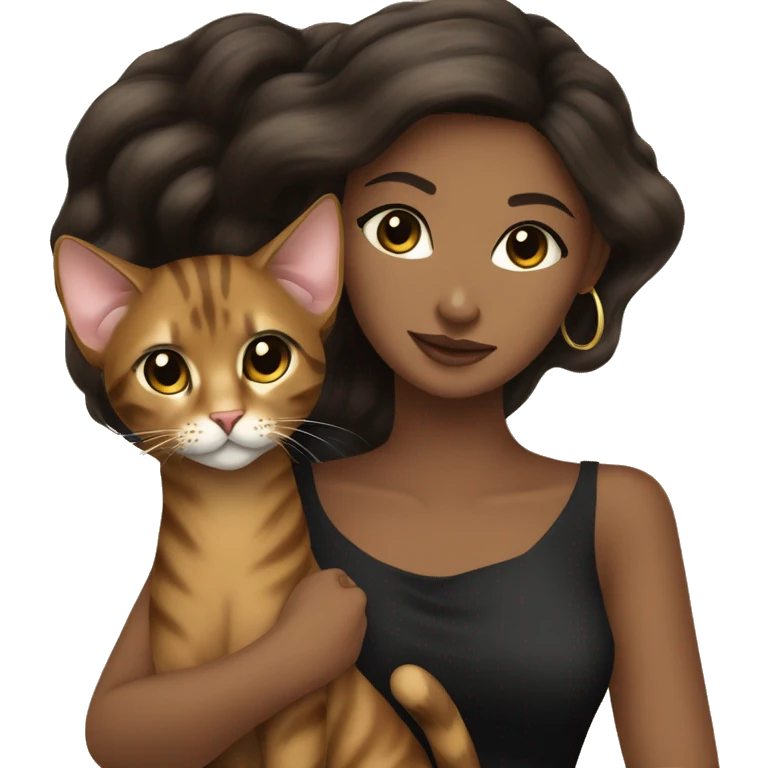 Beautiful skinny woman long dark brown hair in dark dress with gold earrings hug bengal cat emoji
