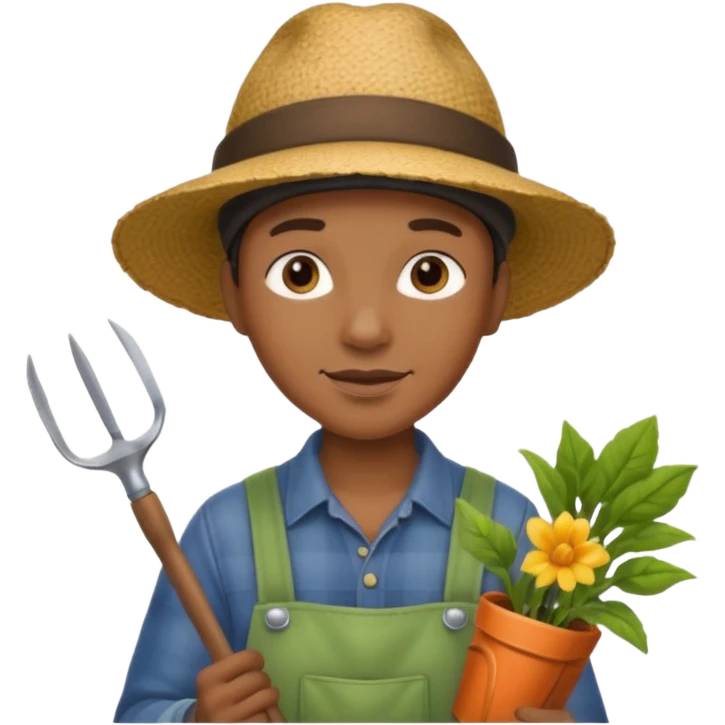 black gardener holding gardening tools, with hat emoji