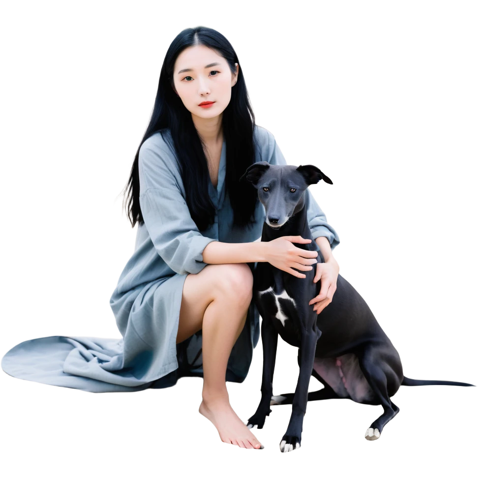 A very beautiful and attractive 25-year-old Chinese woman with long flowing black hair and a SOLID DARK GREY whippet sitting together on a beach during a beautiful sunset. The whippet MUST be COMPLETELY SOLID DARK GREY with ABSOLUTELY NO WHITE MARKINGS ANYWHERE - no white chest, no white face, no white paws, no white tip on tail - ENTIRELY ONE SOLID DARK GREY COLOR throughout the entire dog. Orange and red sunset sky over the ocean, sandy beach in the foreground. emoji
