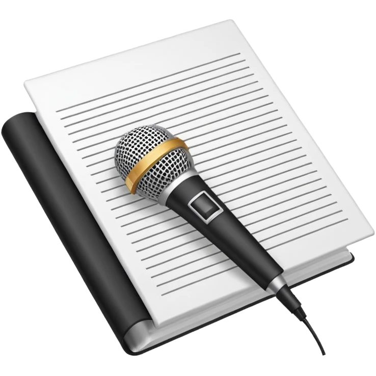 minimalist oconography design: white document with a folded top-right corner and horizontal lines, outlined in a brick pattern. At the top center of the document is an icon indicating ai. In front of the document a microphone icon emoji