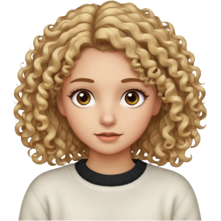 a dirty blonde girl with brown eyes and make her wearing a white sweater with curly hair and white skin color long har and big lashes emoji