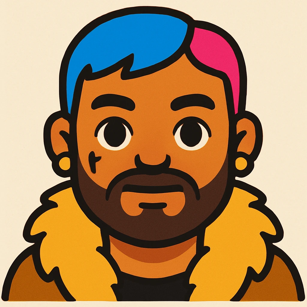 Create an emoji style image of a character with short blue and pink hair, beard, earrings, facial tattoo, wearing a fur coat, and natural skin tone. The style should resemble emoji style. emoji