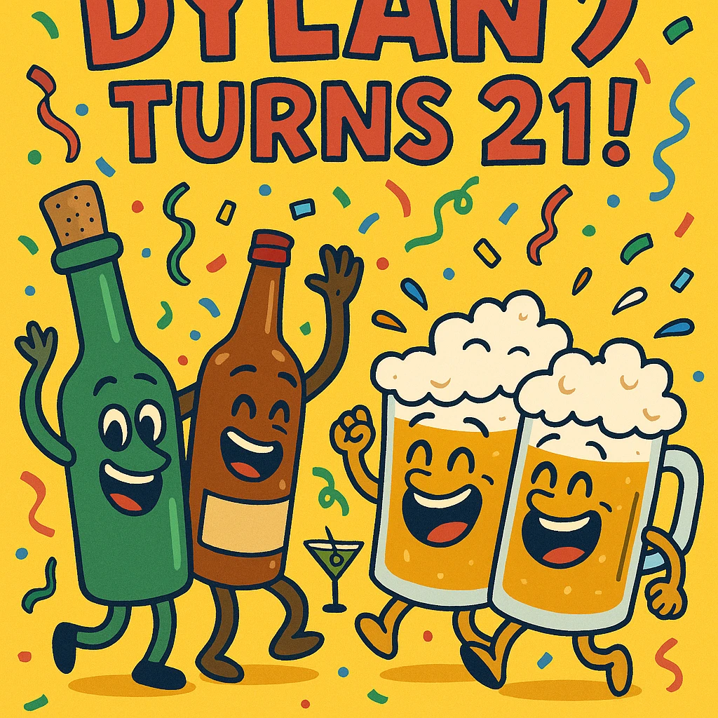 Digital birthday card for Dylan's 21st birthday with a wild party vibe, cartoon alcohol characters like dancing bottles and laughing beer mugs, headline 'Dylan Turns 21!', bright festive palette, and a humorous message about legal drinking. emoji