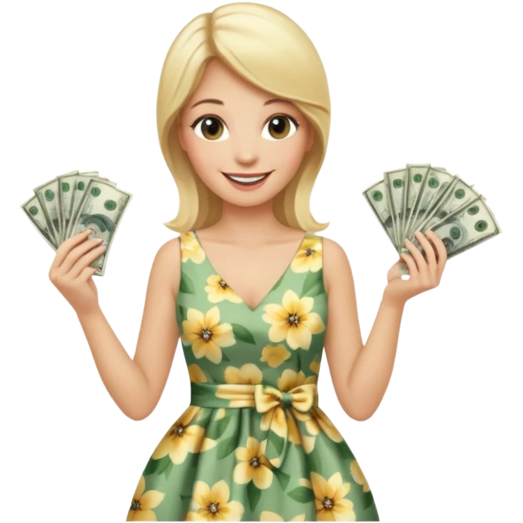 rich long straight hair blonde australian millionare woman holding a lot of money wearing cute floral dress emoji