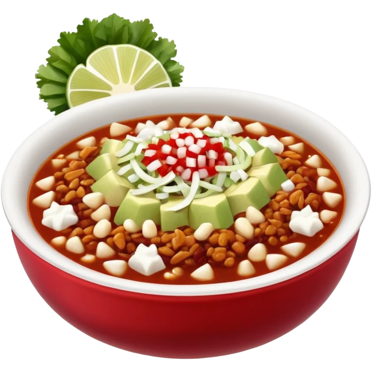 A delicious hot bowl of pozole rojo emoji. Steam rising. Hominy visible. Place the sides next to the bowl: chopped onions, shredded cabbage, lime wedges, red chile de arbol salsa, and full round tostadas emoji