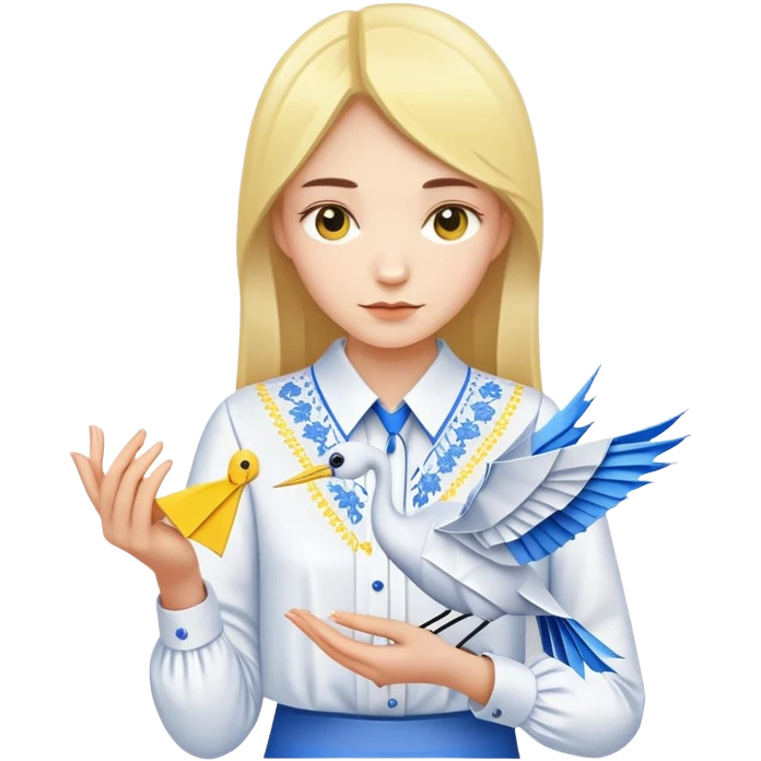 A Ukrainian young girl wearing a white embroidered shirt holds an origami yellow-blue crane emoji