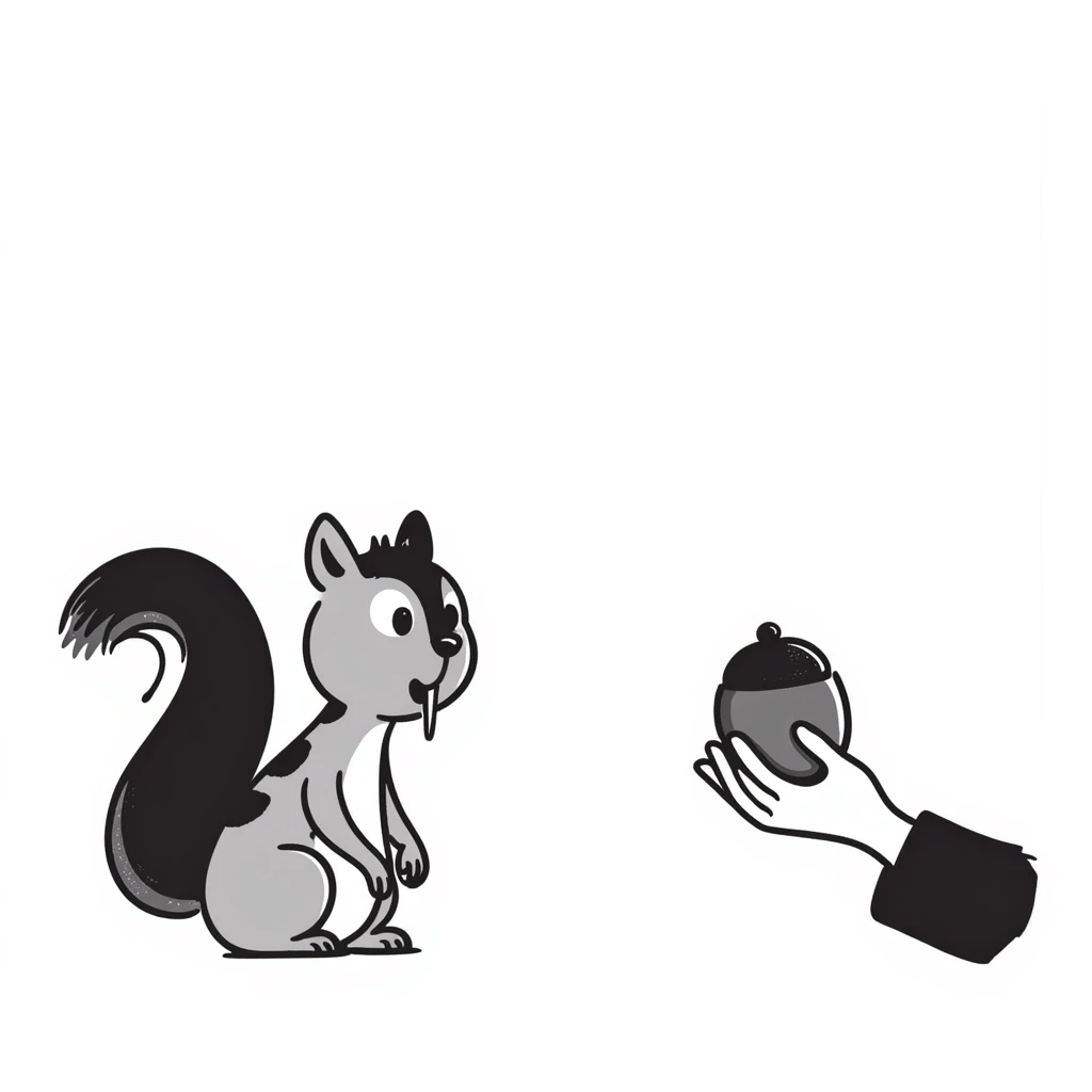 Hand-drawn squirrel with dripping drool, hungry expression, eyeing food emoji