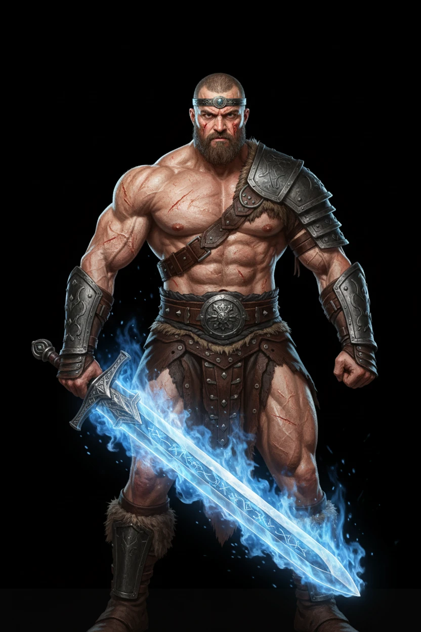 Turn this man into a conan the barbarian, with a flaming blue sword that is large, make him very muscular emoji