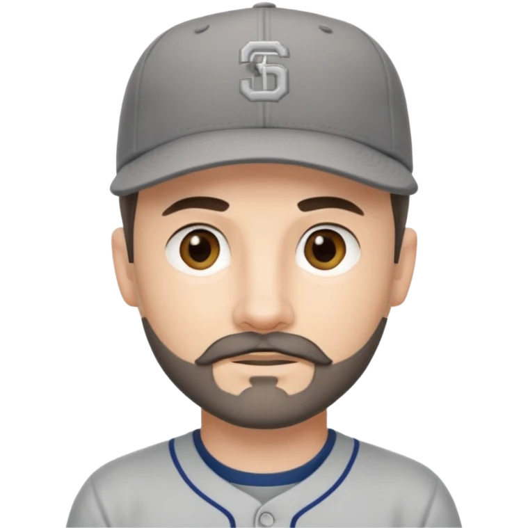 white young male with small dark brown goatee beard and moustache with grey tones wearing a grey baseball cap backwards with hazel eyes emoji