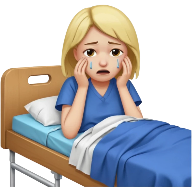 Mulher jovem chorando muito em cima de uma maca de hospital com as roupas rasgadas emoji
